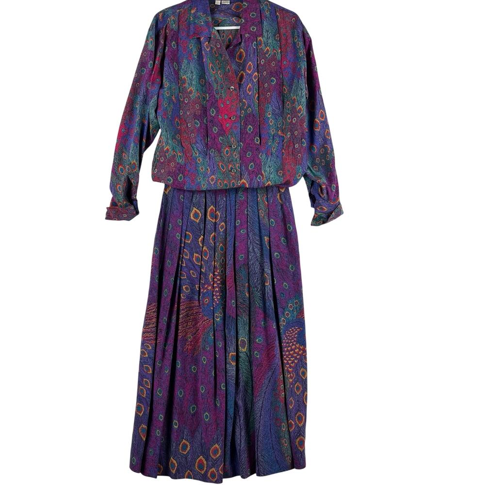 VTG Perry Ellis Womens 100% Silk Peacock Feather Skirt Set Size 8 Purple EUC